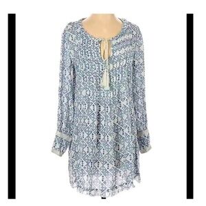 Free People Marlow Geometric Long Sleeve Boho Mini Dress White‎ Blue Small